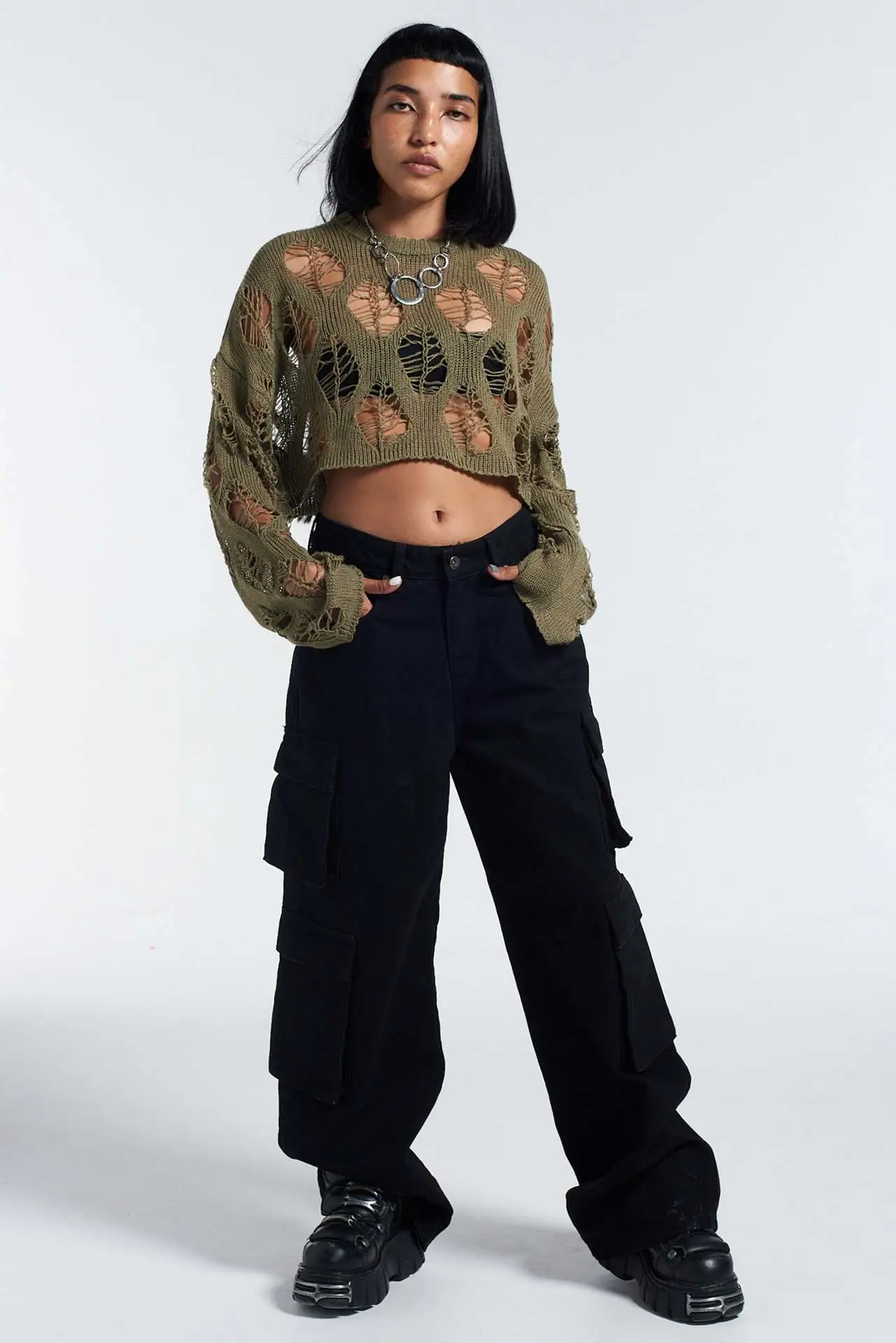 Sexy Hollow Knitted Sweater for Women in Olive Green — feature 31
