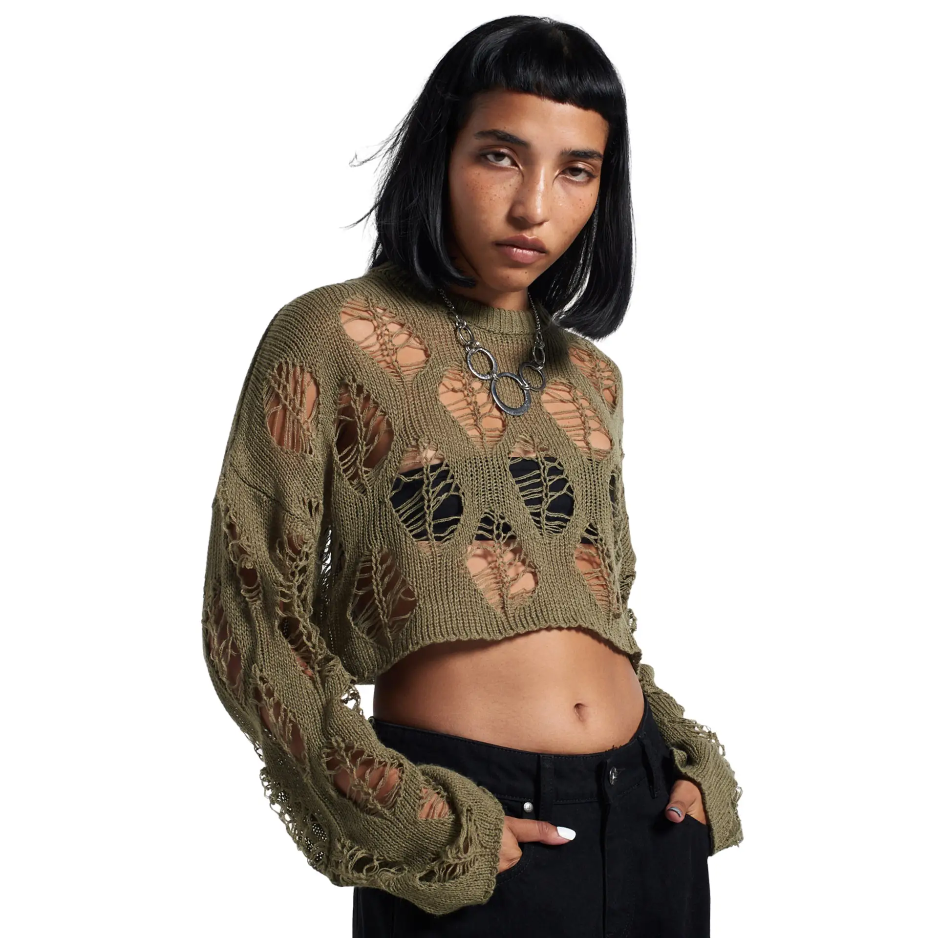 Sexy Hollow Knitted Sweater for Women in Olive Green — feature 41