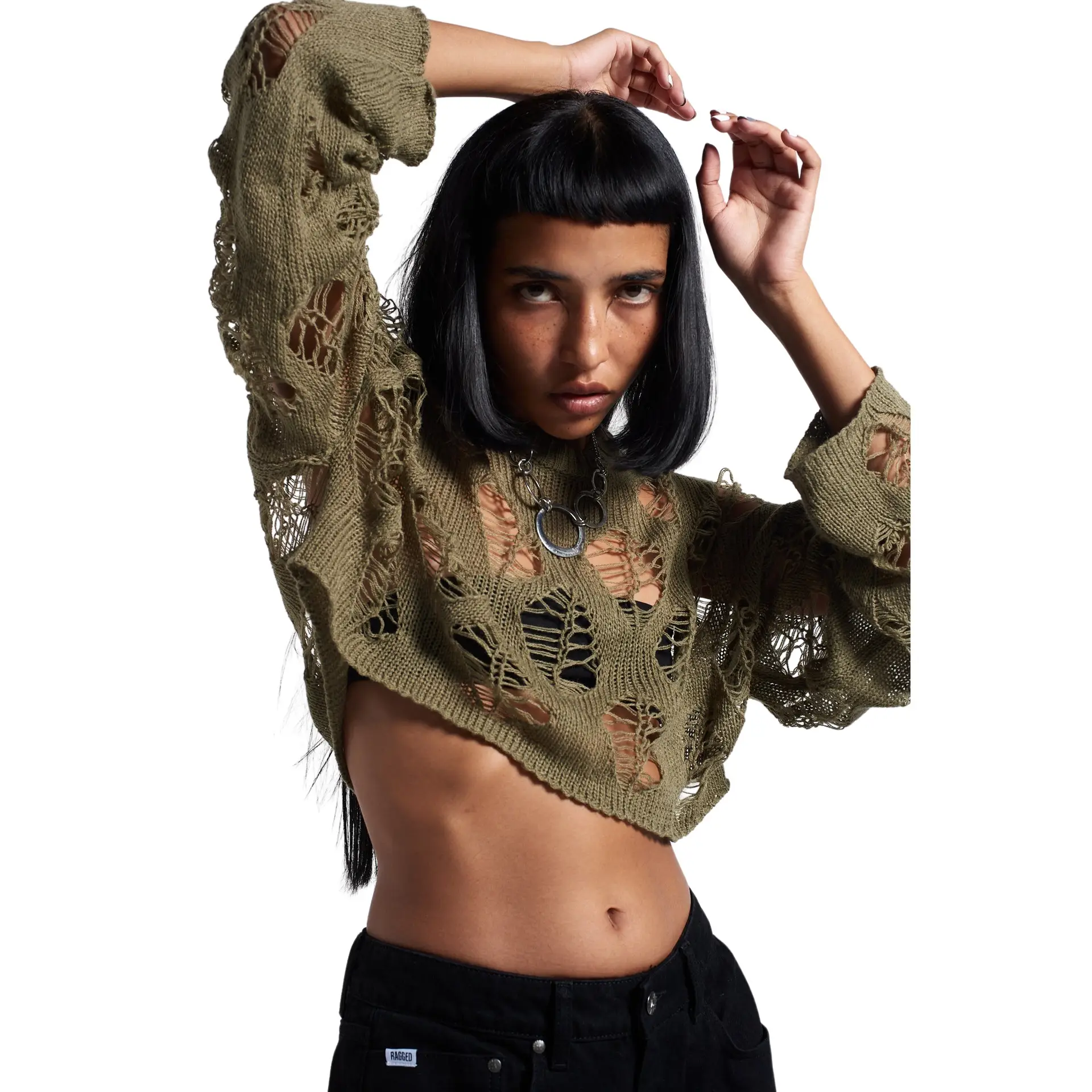 Sexy Hollow Knitted Sweater for Women in Olive Green — feature 43