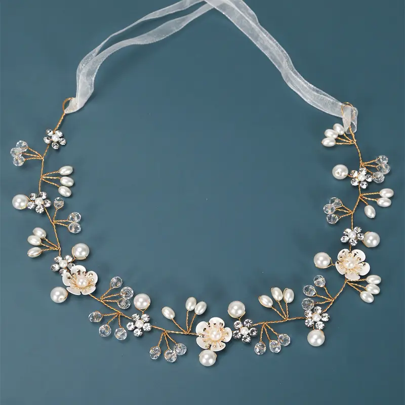 Beautiful Flower Handmade Pearl Beaded Headband for Wedding Dress - Image 4