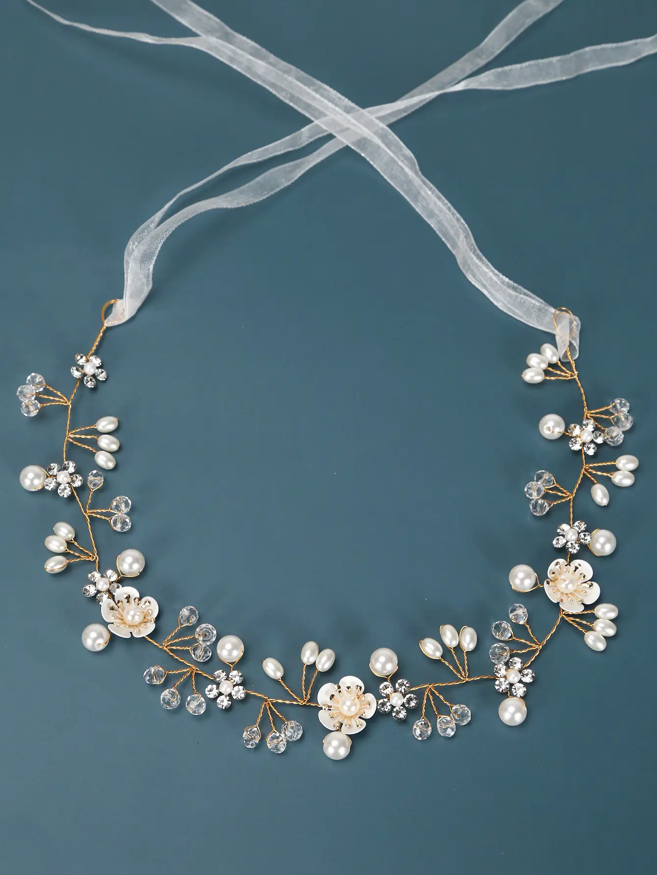 Beautiful Flower Handmade Pearl Beaded Headband for Wedding Dress - Image 2