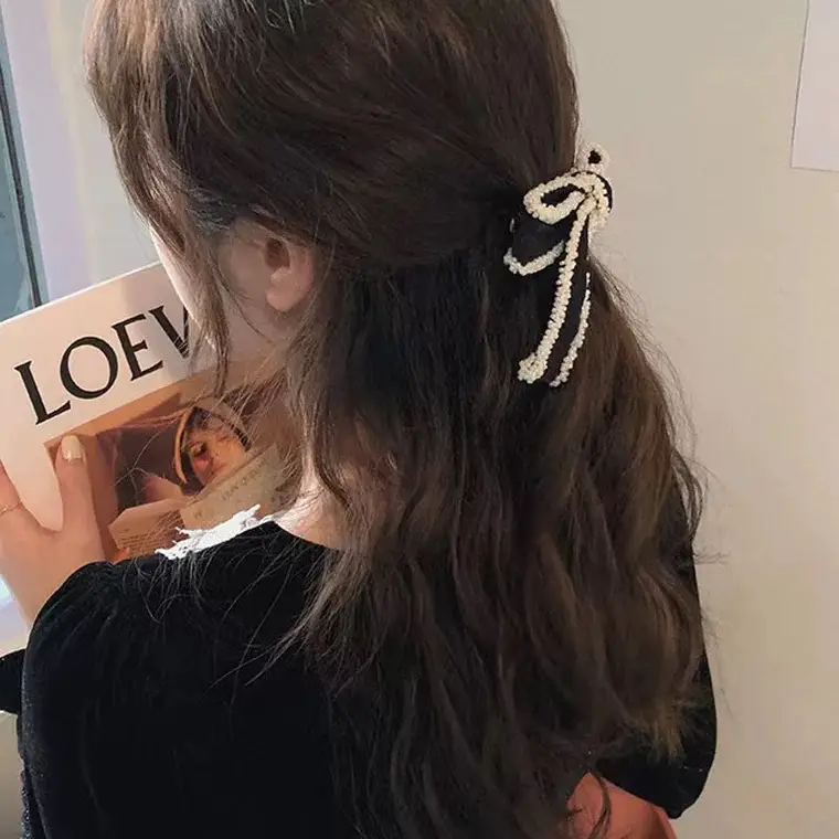 Black Embroidered Bow Hairpin Clip for Women - Image 3