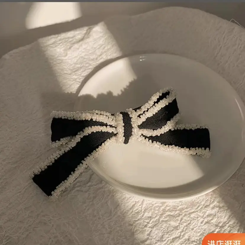 Black Embroidered Bow Hairpin Clip for Women - Image 4