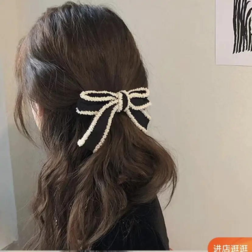 Black Embroidered Bow Hairpin Clip for Women — feature 1