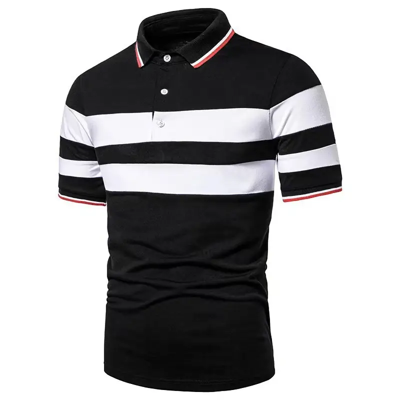 Men's Black Striped Polo Shirt Short Sleeve Casual Wear