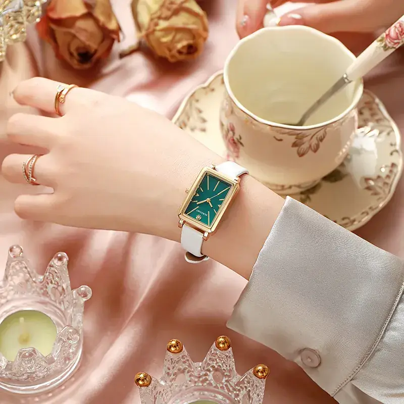 Women's Square Watch with White Band & Gold Plated Dial - Image 4
