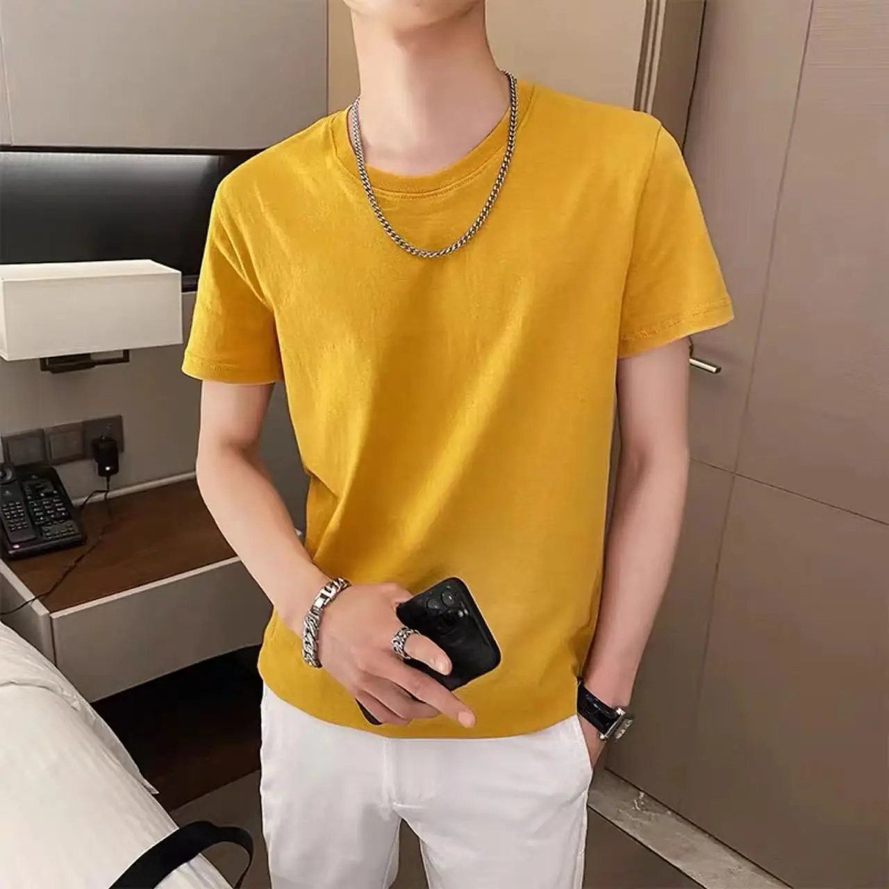 Men Grey T-Shirt 230g Short Sleeve Solid Color