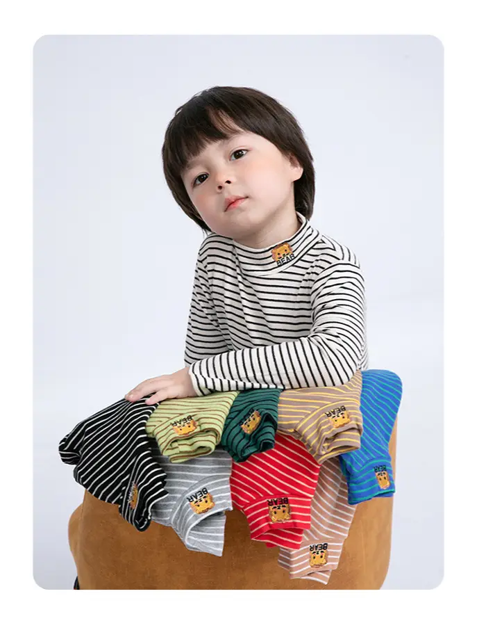 Children Velvet T-shirt Striped Collar All Season - Image 21