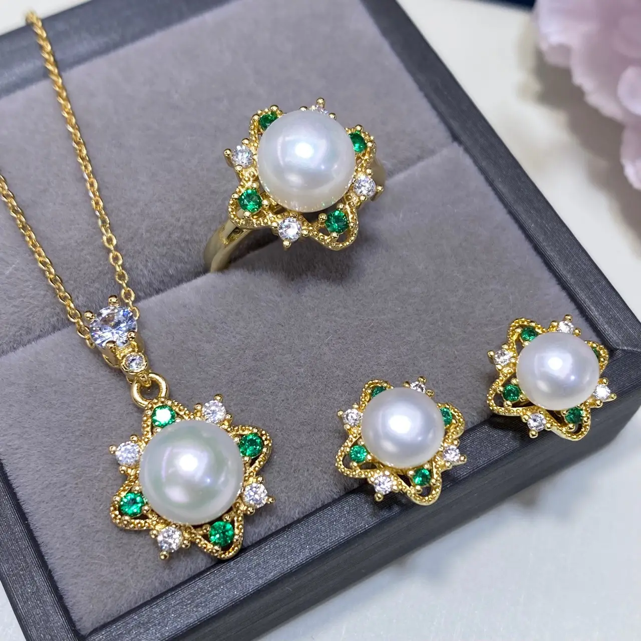 2025 Freshwater Pearl Pendant Ring Earrings Set - Image 2