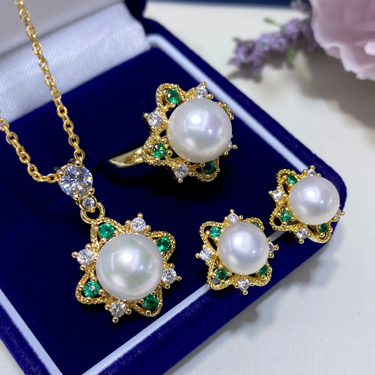 2025 Freshwater Pearl Pendant Ring Earrings Set — feature 7