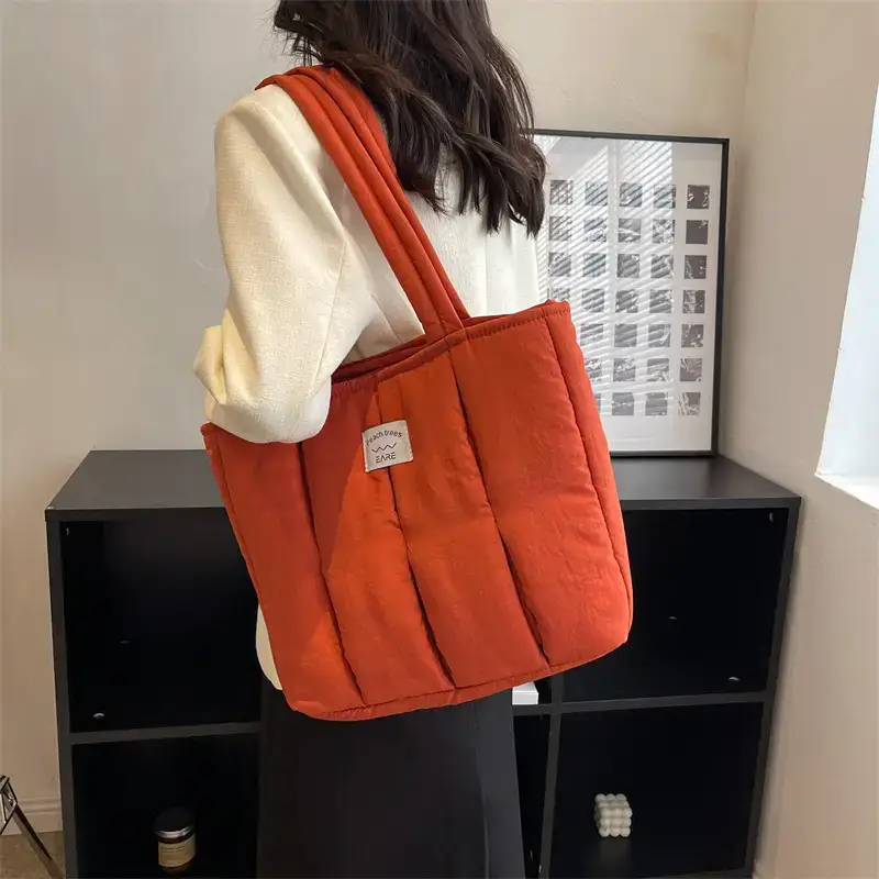 Women's Orange Quilted Tote Bag for Autumn Winter Commute - Image 6
