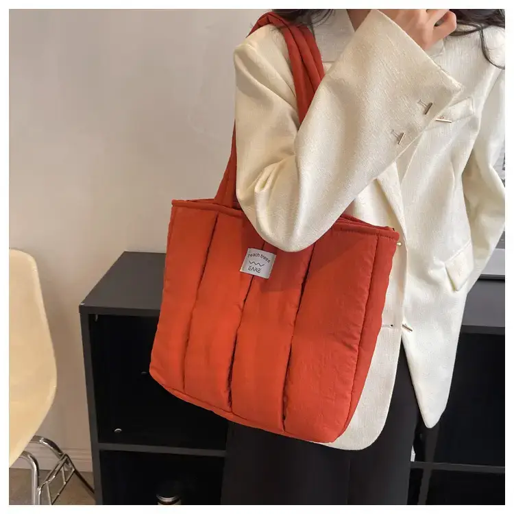 Women's Orange Quilted Tote Bag for Autumn Winter Commute — feature 24