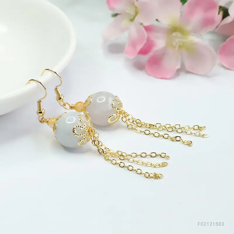 Guan Yu Jade Earrings Round Bead Drop Design Gold - Image 3