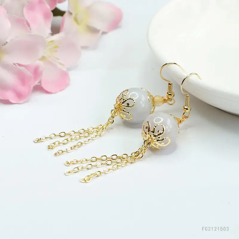 Guan Yu Jade Earrings Round Bead Drop Design Gold - Image 4
