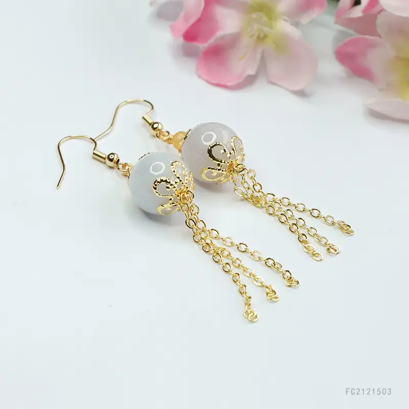 Guan Yu Jade Earrings Round Bead Drop Design Gold - Image 5