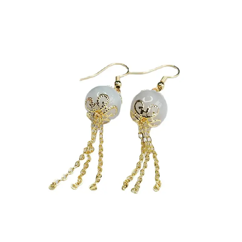 Guan Yu Jade Earrings Round Bead Drop Design Gold - Image 6