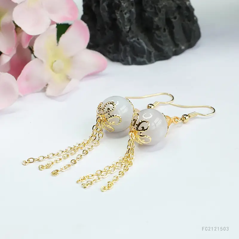 Guan Yu Jade Earrings Round Bead Drop Design Gold — feature 10