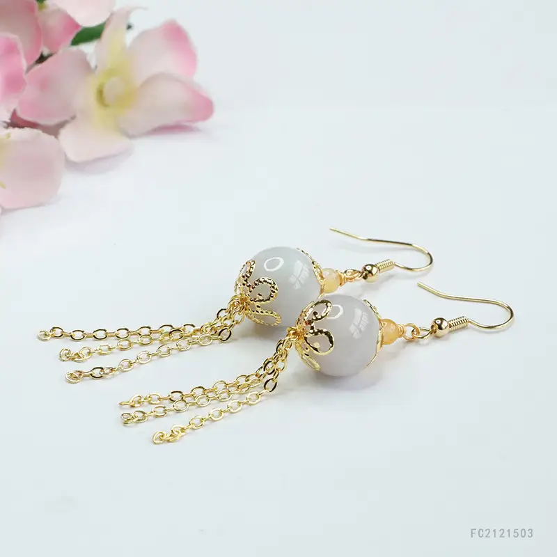 Guan Yu Jade Earrings Round Bead Drop Design Gold — feature 8