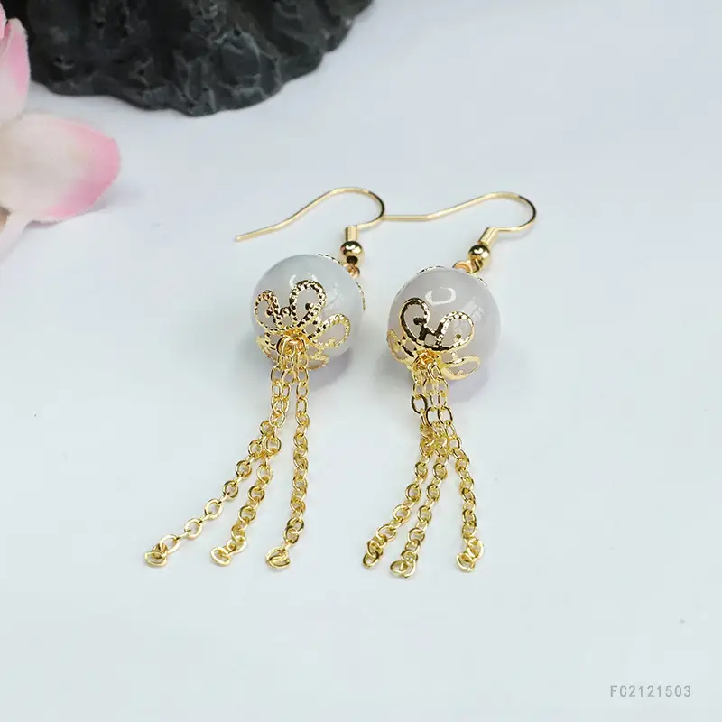 Guan Yu Jade Earrings Round Bead Drop Design Gold — feature 9