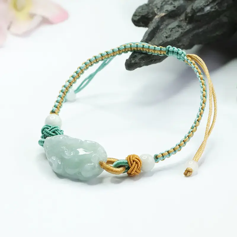 Natural Burmese Jade Pixiu Bracelet with Gold Wire - Image 3