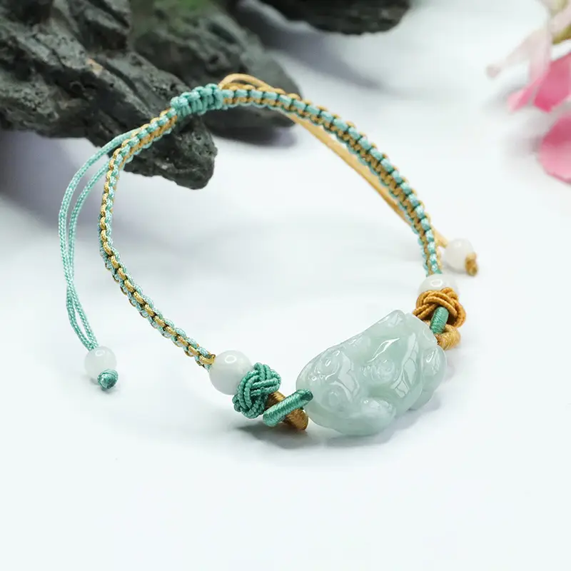 Natural Burmese Jade Pixiu Bracelet with Gold Wire - Image 4