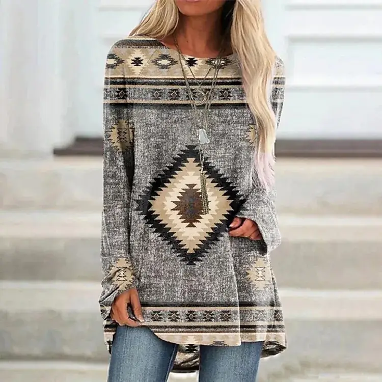2022 Foreign Trade Cross-border Women's Fashion Loose Round Neck Digital Printing Western Style Long Sleeve Top 5228