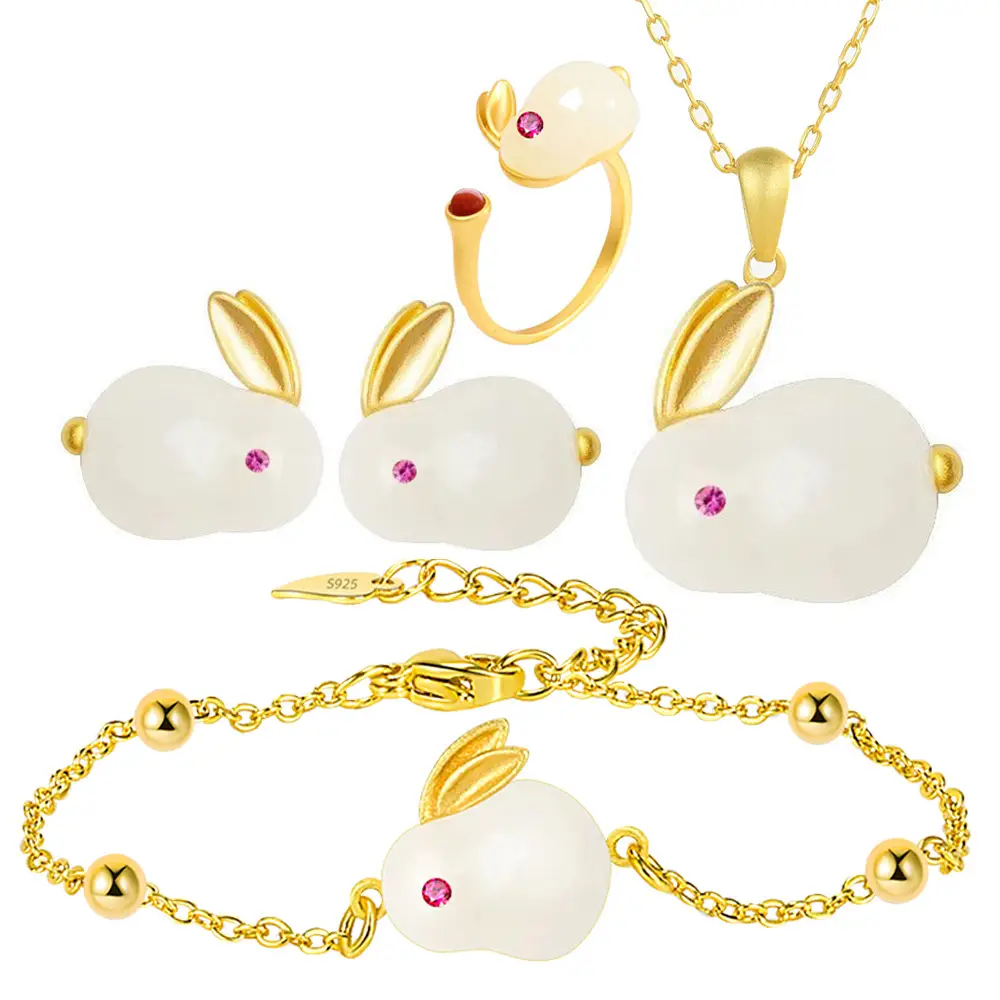 Fulu Jade Rabbit Earrings Set for Women - Image 5