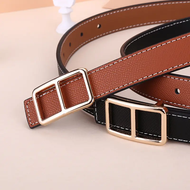 Women's Black Genuine Leather Belt with Square Buckle