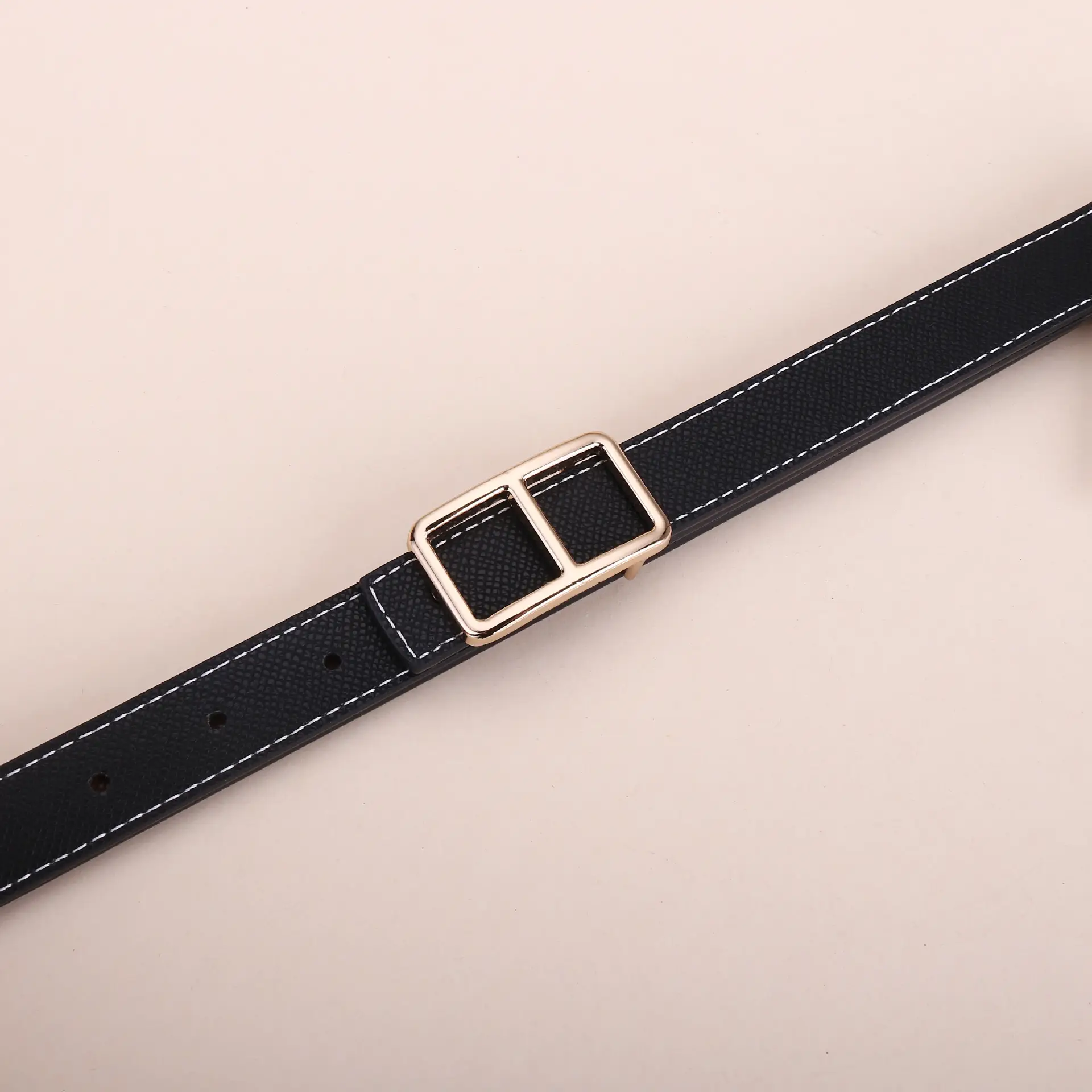 Women's Black Genuine Leather Belt with Square Buckle