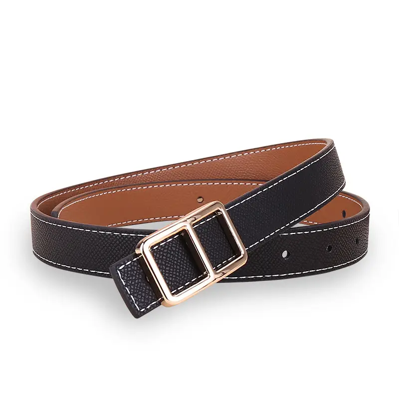 Women's Black Genuine Leather Belt with Square Buckle