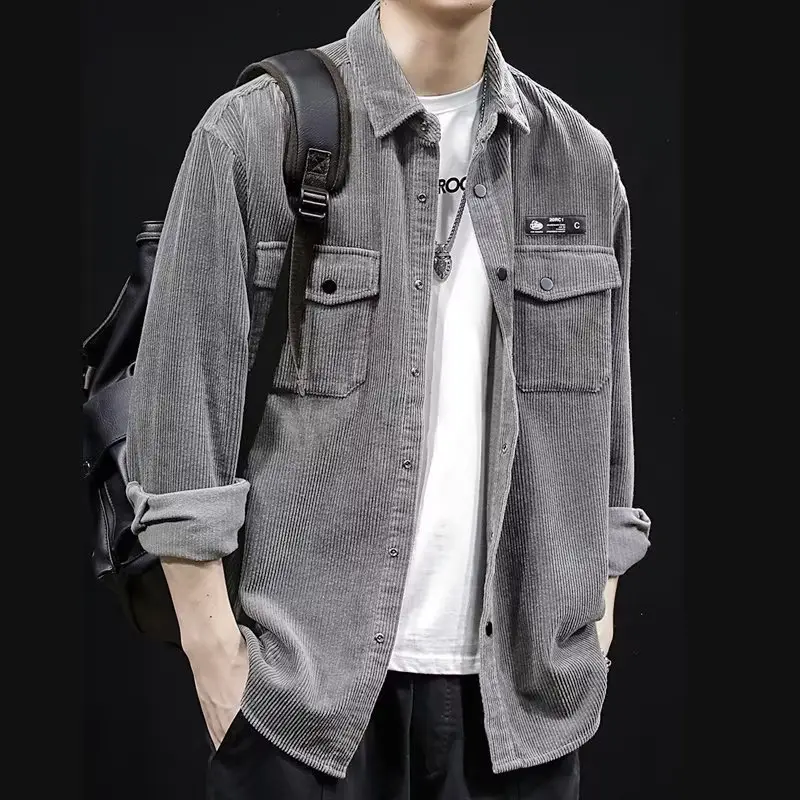 Men's Grey Corduroy Long Sleeve Shirt Spring Autumn - Image 4