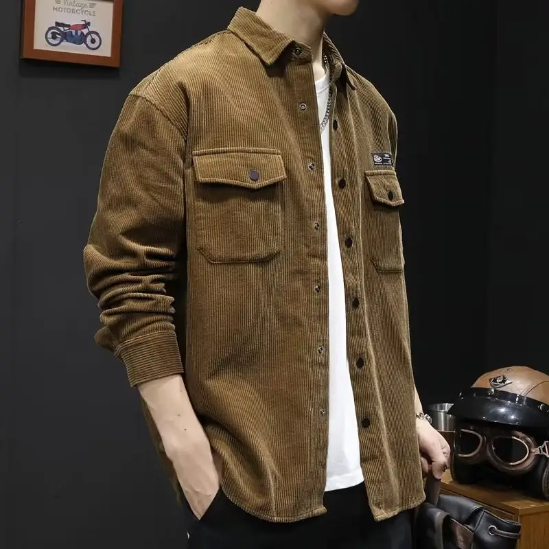 Men's Grey Corduroy Long Sleeve Shirt Spring Autumn - Image 5
