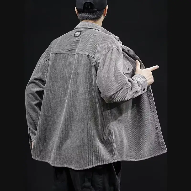 Men's Grey Corduroy Long Sleeve Shirt Spring Autumn - Image 7