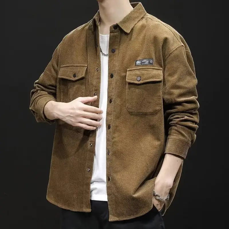 Men's Grey Corduroy Long Sleeve Shirt Spring Autumn — feature 4