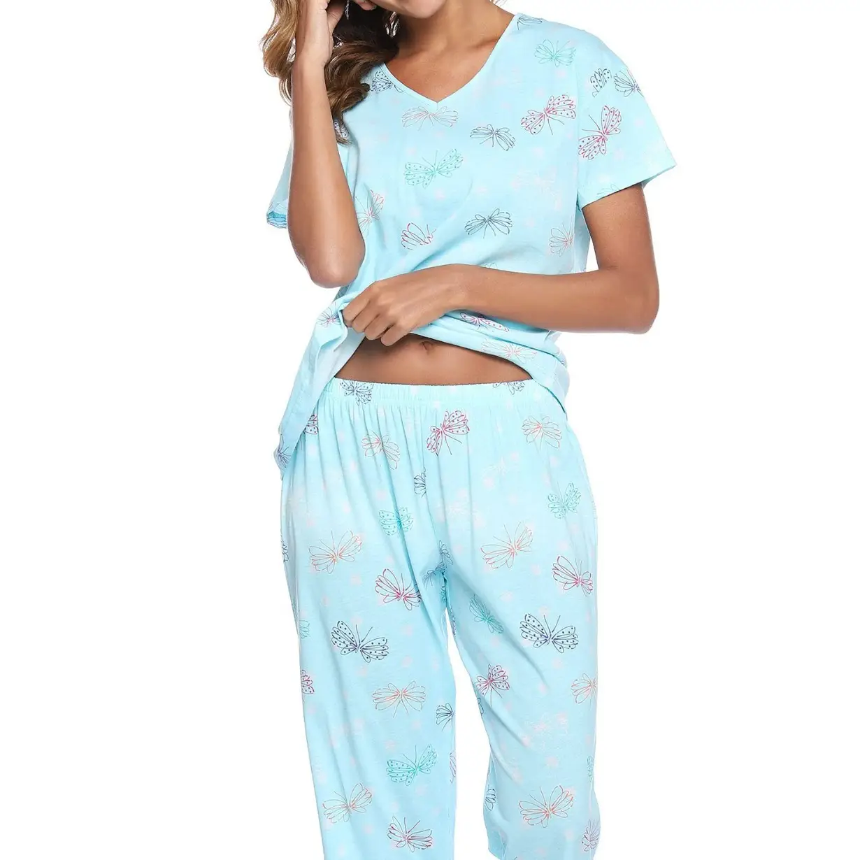 Blue Floral Knitted Pajama Set for Women Plus Size - Image 8