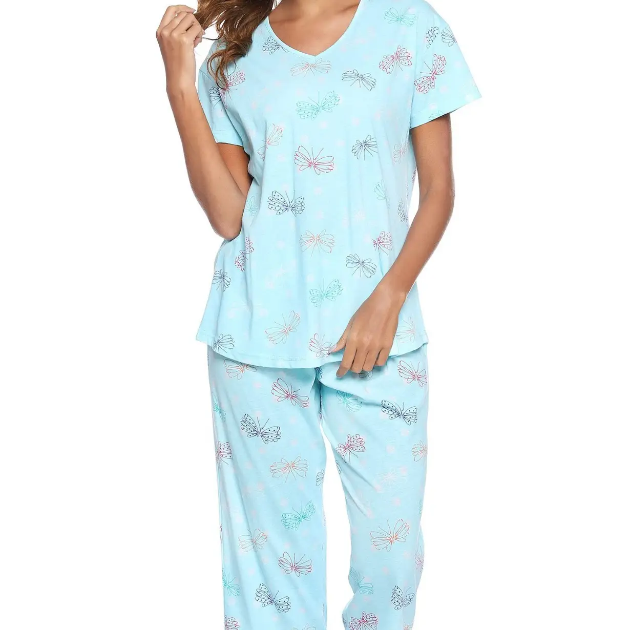 Blue Floral Knitted Pajama Set for Women Plus Size - Image 9