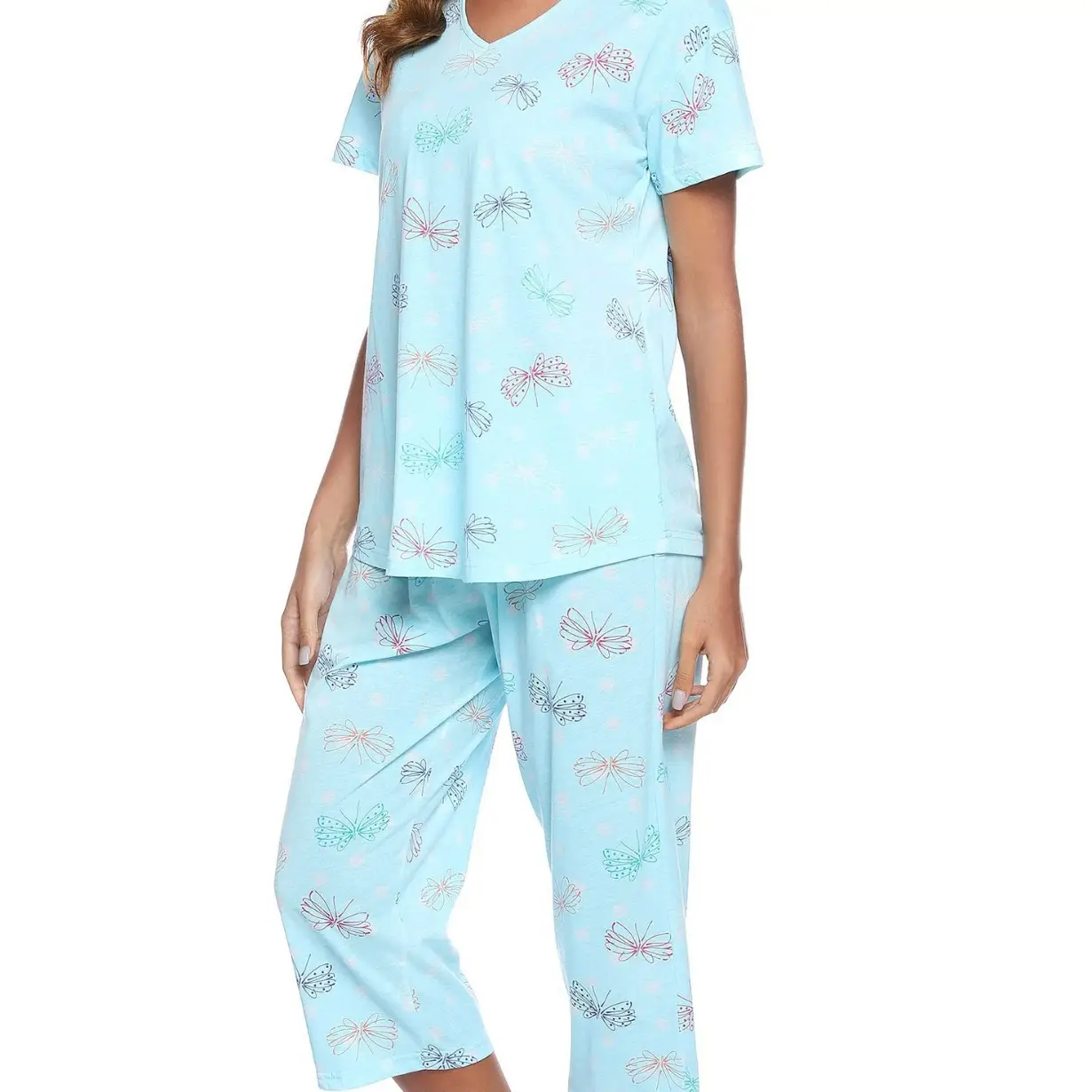 Blue Floral Knitted Pajama Set for Women Plus Size - Image 11