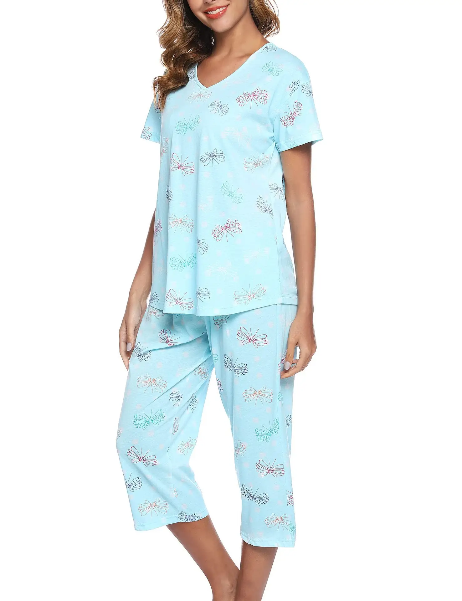 Blue Floral Knitted Pajama Set for Women Plus Size — feature 23