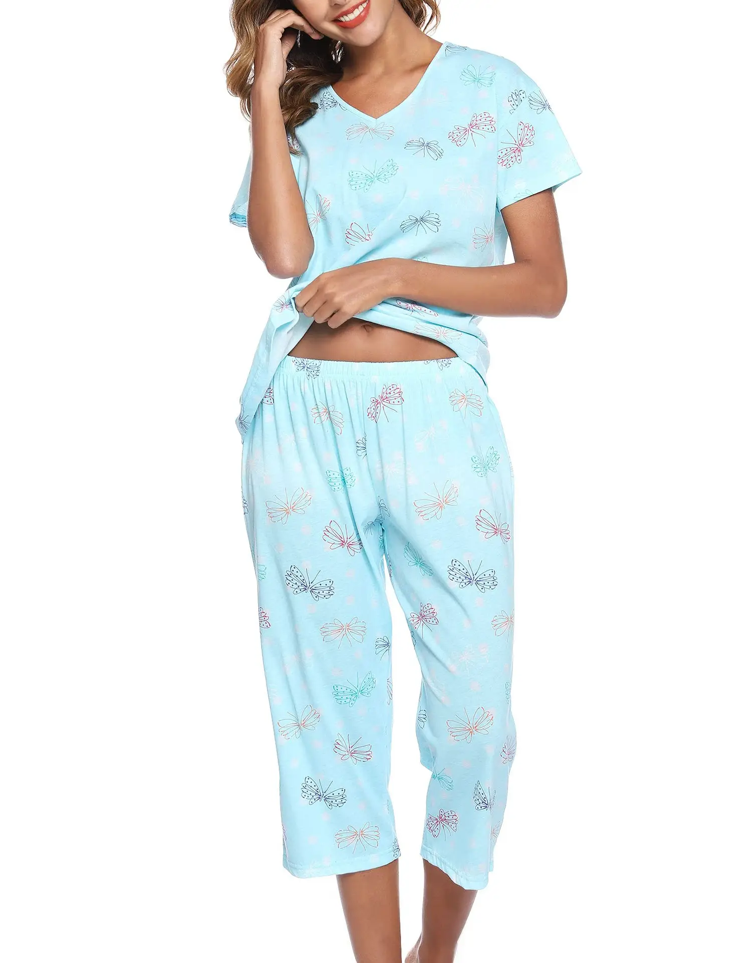 Blue Floral Knitted Pajama Set for Women Plus Size — feature 24