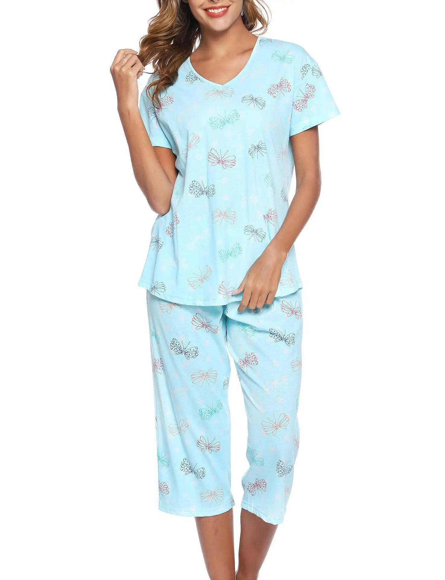 Blue Floral Knitted Pajama Set for Women Plus Size — feature 25