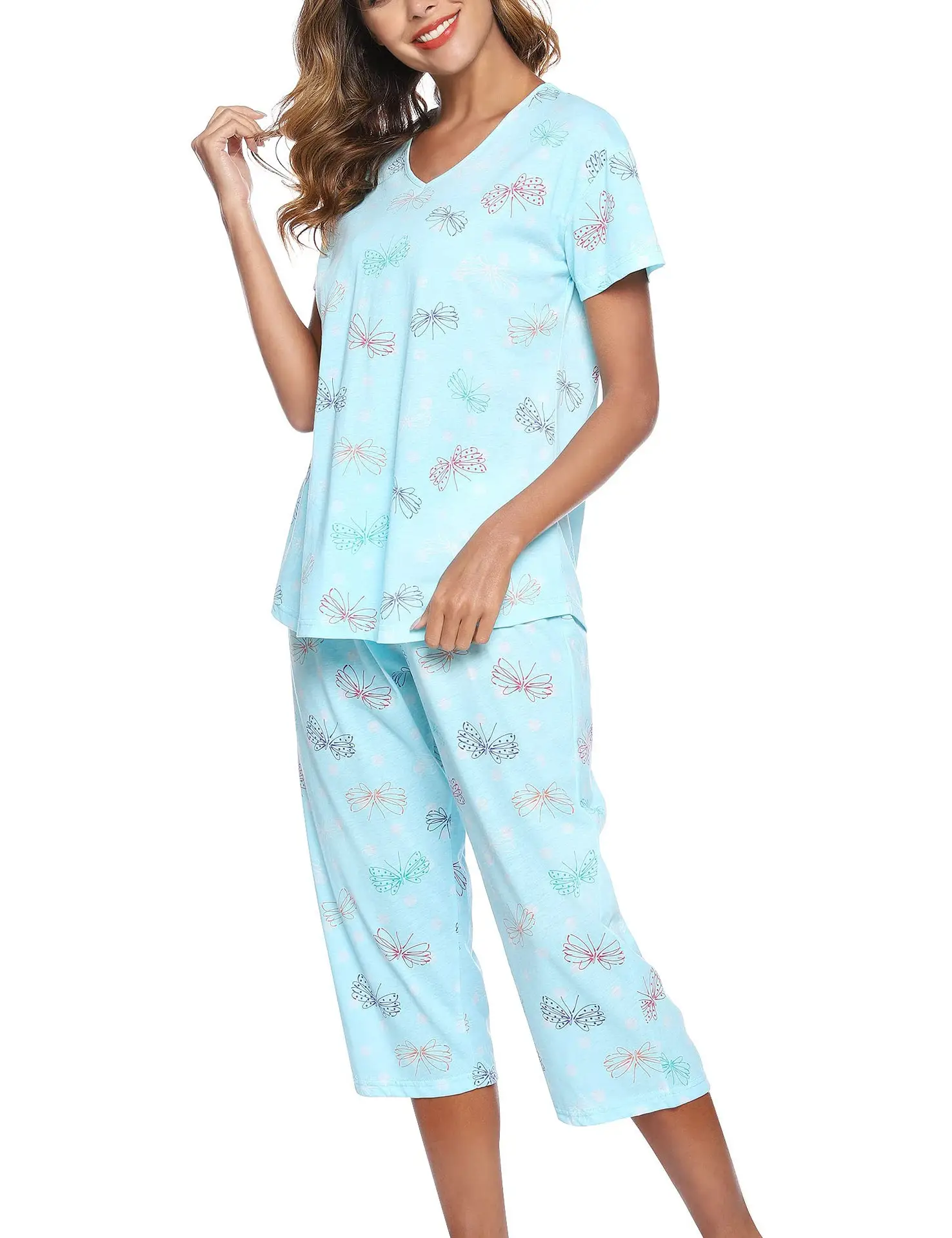 Blue Floral Knitted Pajama Set for Women Plus Size — feature 26