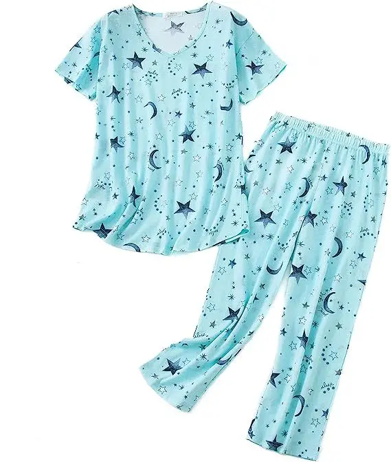 Blue Floral Knitted Pajama Set for Women Plus Size — feature 29