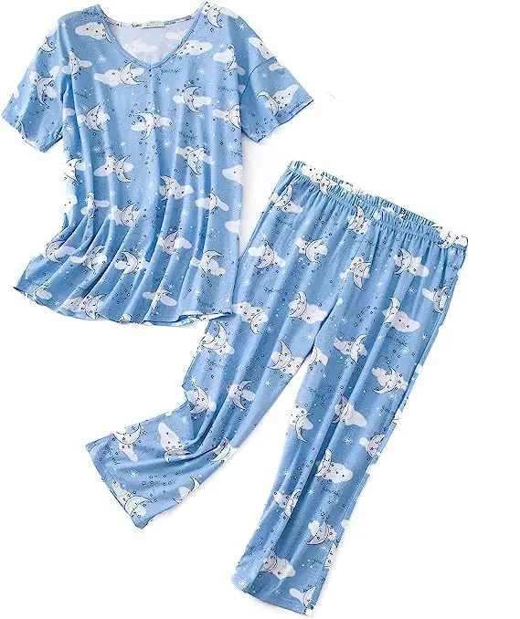 Blue Floral Knitted Pajama Set for Women Plus Size - Image 4