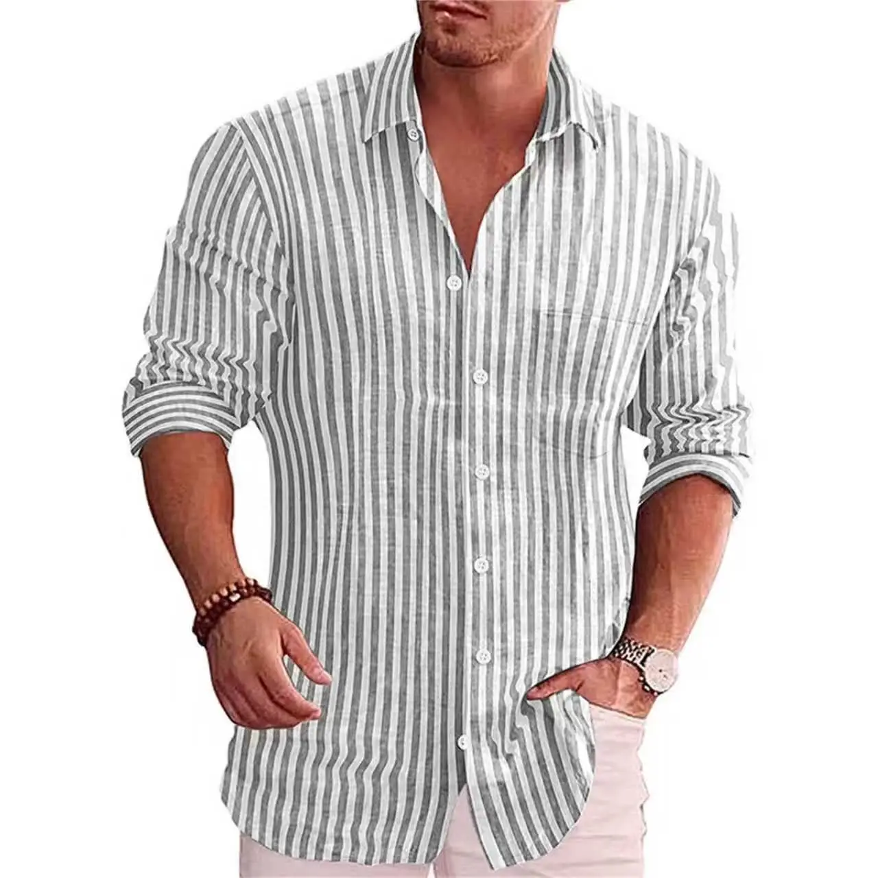 Men's Red White Striped Long Sleeve Shirt - Image 7