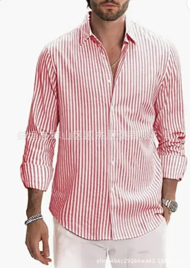 Men's Red White Striped Long Sleeve Shirt - Image 5
