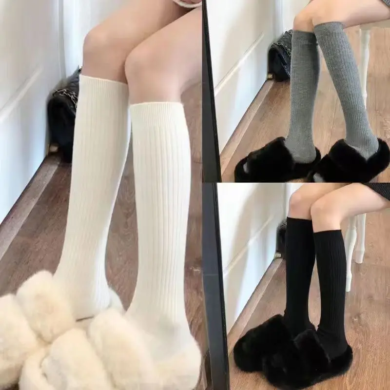 Calf Socks, Autumn and Winter Warm Mid-Length Socks, Preppy Style Slimming Look Stripesd Pile Socks, Pure Color Boot Socks