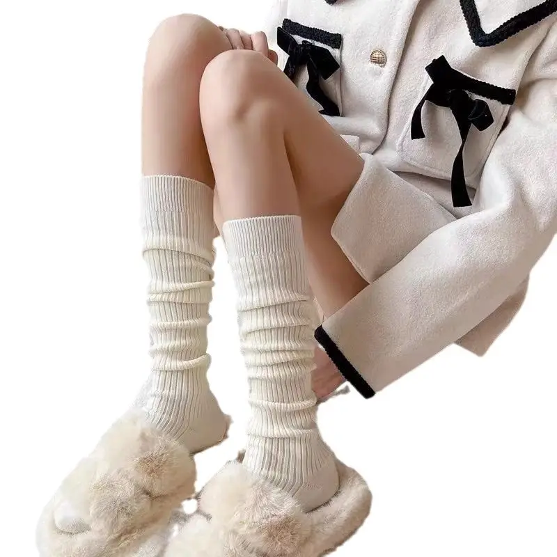 Calf Socks, Autumn and Winter Warm Mid-Length Socks, Preppy Style Slimming Look Stripesd Pile Socks, Pure Color Boot Socks