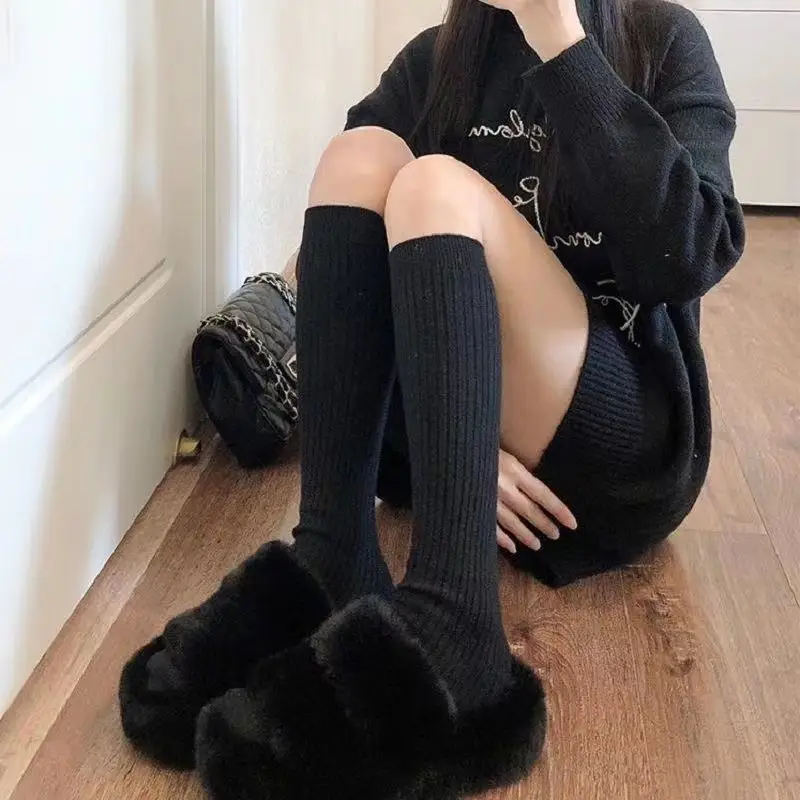 Calf Socks, Autumn and Winter Warm Mid-Length Socks, Preppy Style Slimming Look Stripesd Pile Socks, Pure Color Boot Socks — feature 2