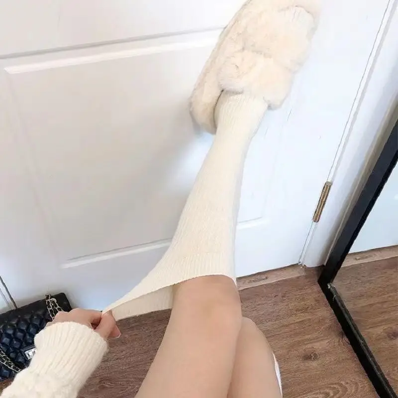 Calf Socks, Autumn and Winter Warm Mid-Length Socks, Preppy Style Slimming Look Stripesd Pile Socks, Pure Color Boot Socks — feature 5