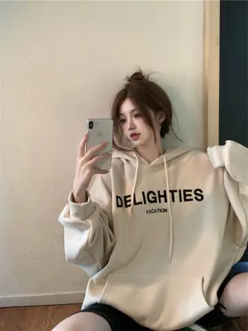 Grey Hooded Sweatshirt Women Loose Fit Fleece Winter Casual - Image 3